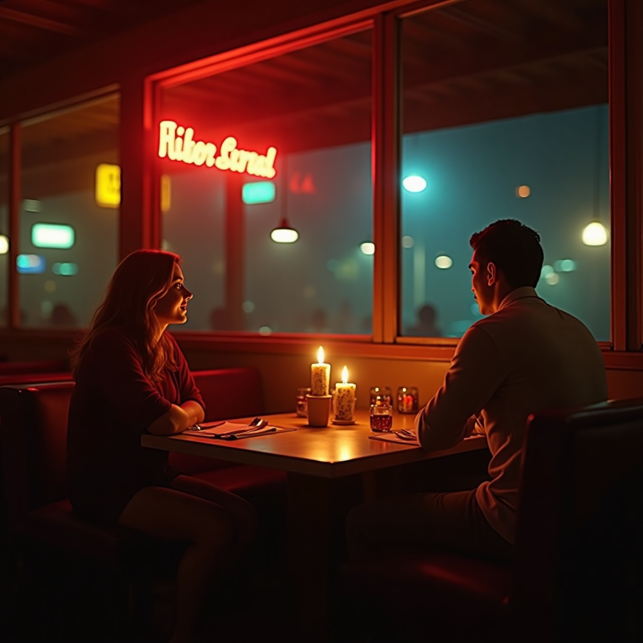 warm candle-lit dining room at night