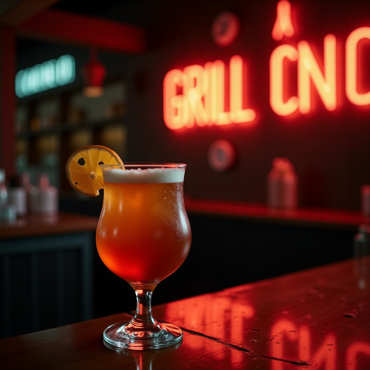 an amber cocktail on a dark bar