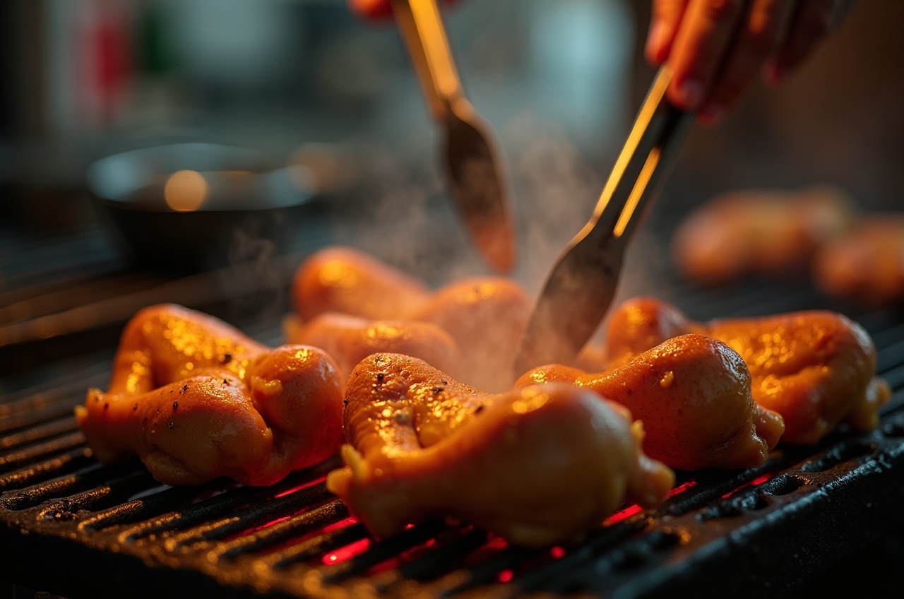 Whole chicken halves on a charcoal grill, flames visible, tongs mid-turn