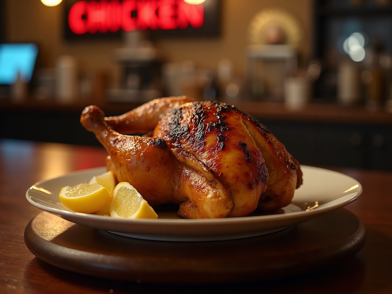 Half chicken plated with charred skin, resting on a wooden board with lemon wedges