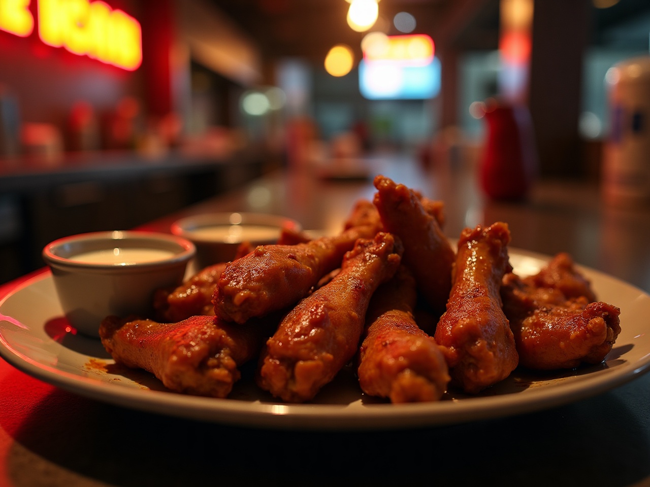 Plate of glossy charred chicken wings with small dipping bowls