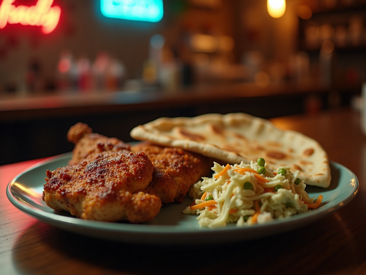 Full plated meal with chicken quarter, flatbread and slaw, overhead shot