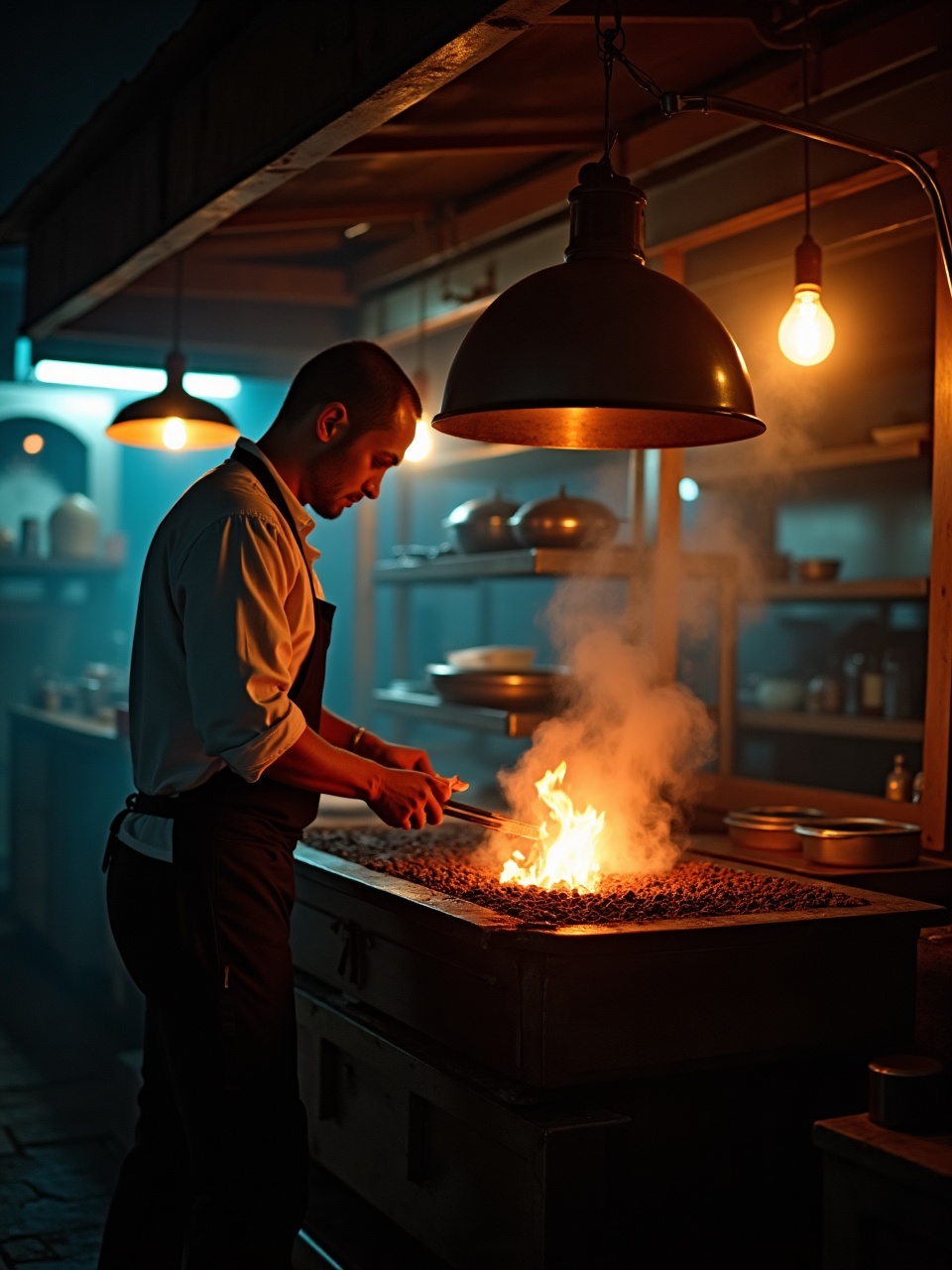Chef standing over an open charcoal grill at night, kitchen pass visible behind