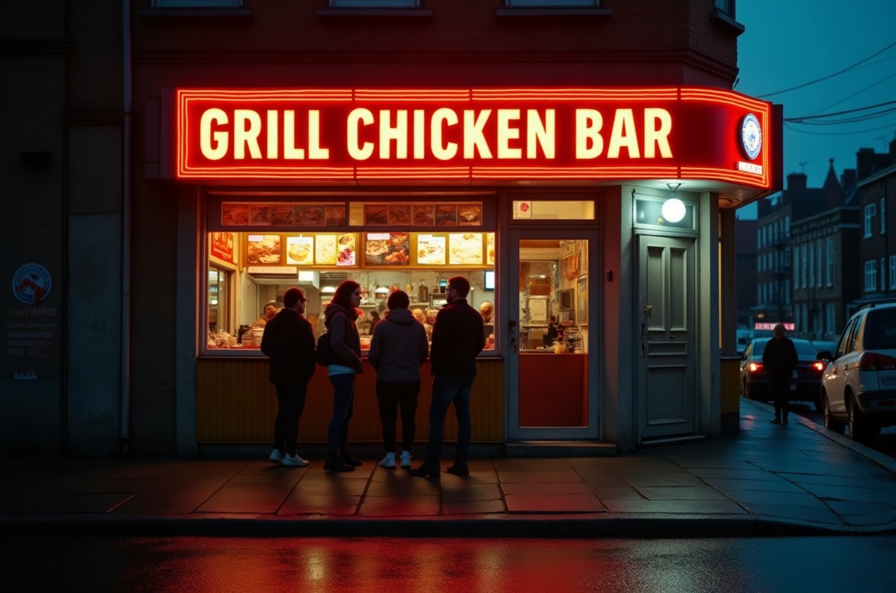 Storefront at dusk with warm interior lighting and a small queue at the door